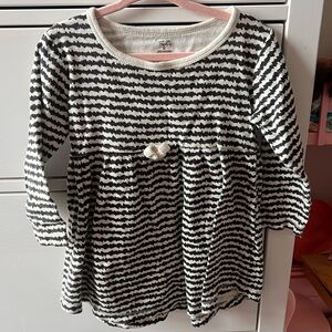 Girls' Black & White Striped Long-Sleeve Casual Dress with Bow